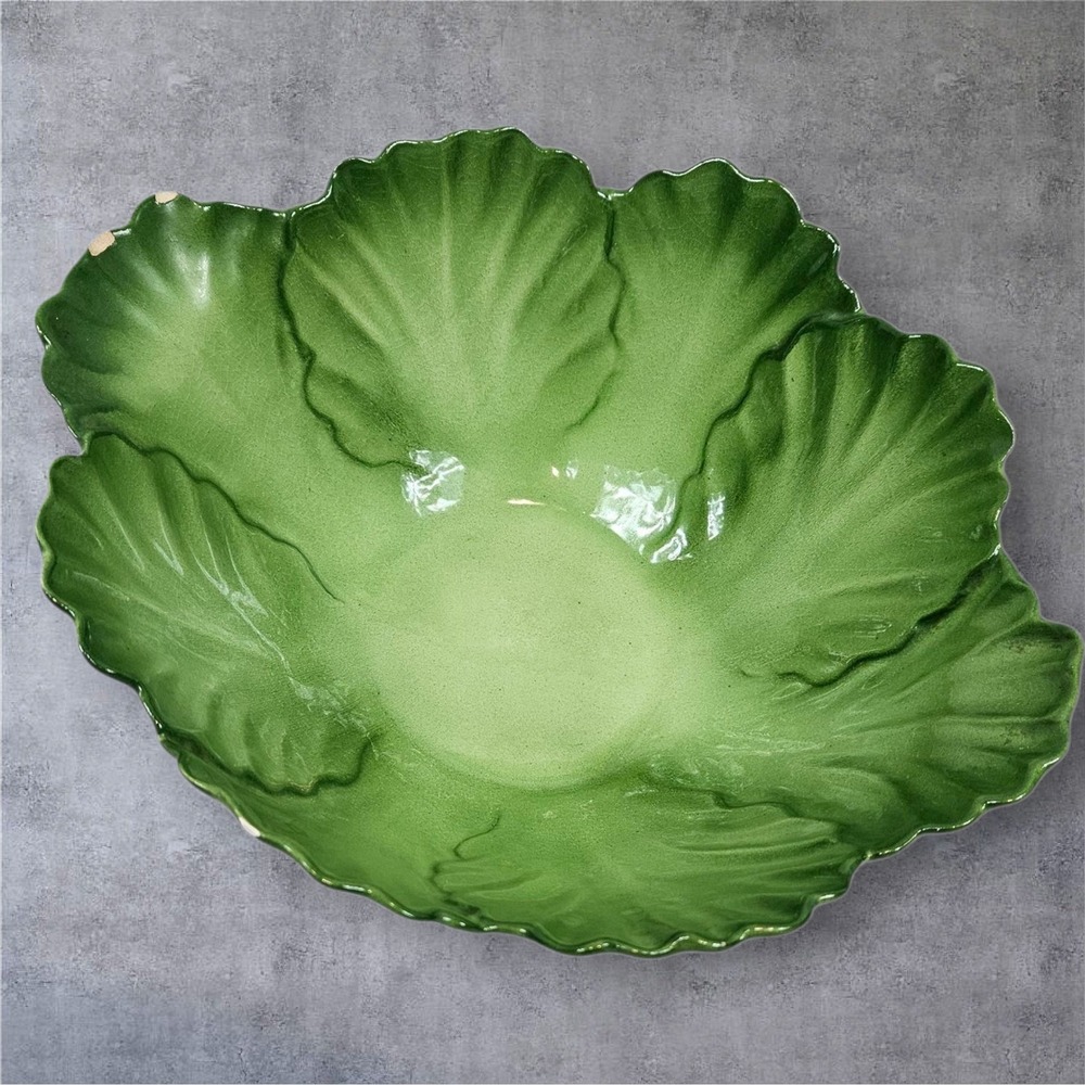 Vintage Brad Keeler Ceramic Lettuce Bowl Green Majolica Serving Dish Made USA
